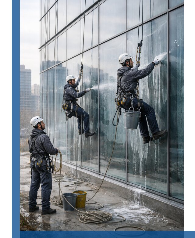 Промышленная мойка панорамных окон на высоте в Рославле