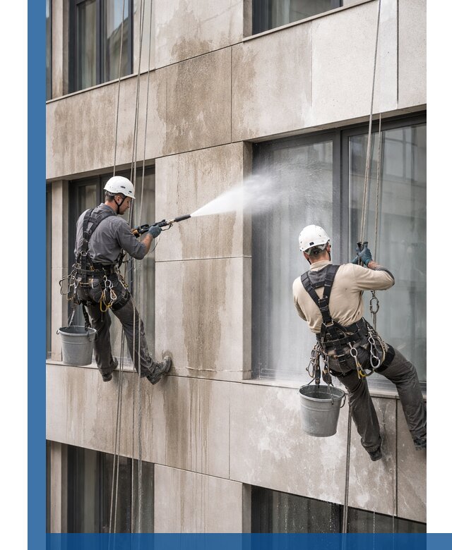 Послестроительная мойка фасада промышленным альпинизмом в Рославле