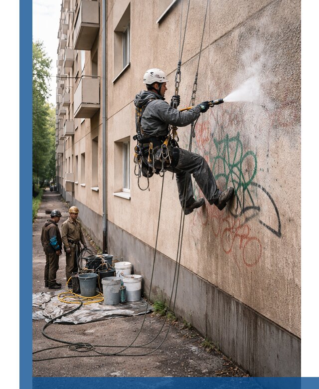 Удаление граффити с фасада в Рославле без следов и повреждений