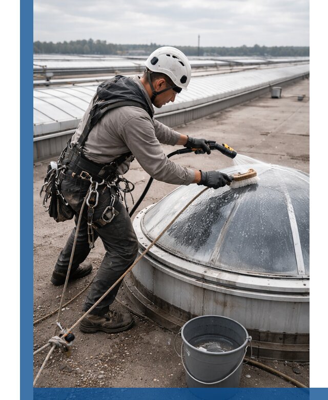 Мойка зенитных фонарей на кровле для промышленных объектов в Рославле