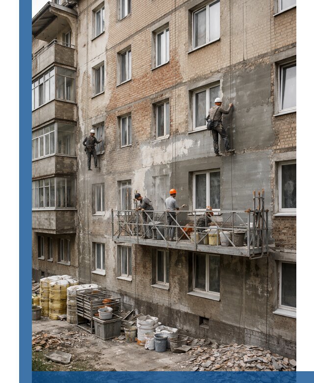 Капитальный ремонт фасада в Рославле с восстановлением и гидроизоляцией