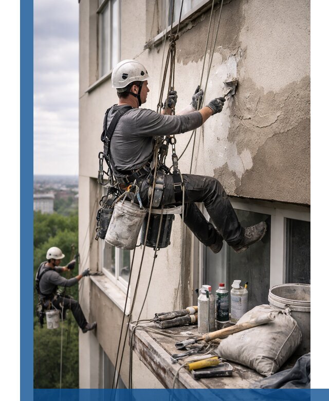 Косметический ремонт фасада зданий в Рославле промышленными альпинистами