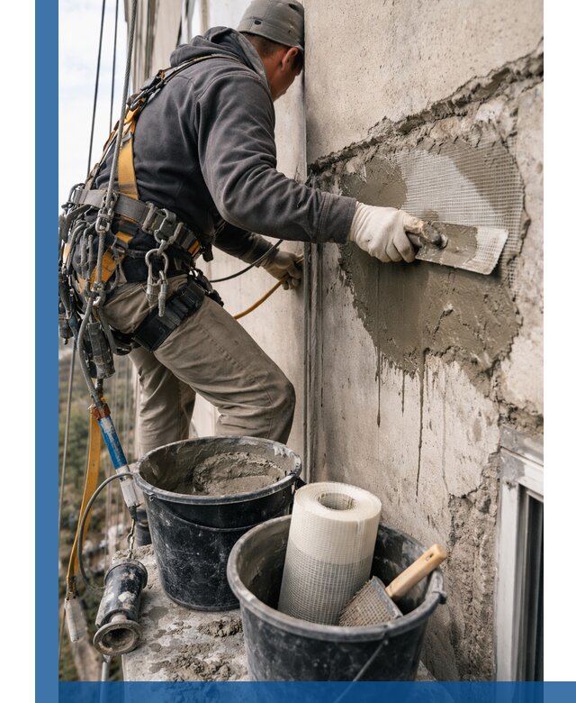 Ремонт бетонных элементов фасада промышленными альпинистами в Рославле