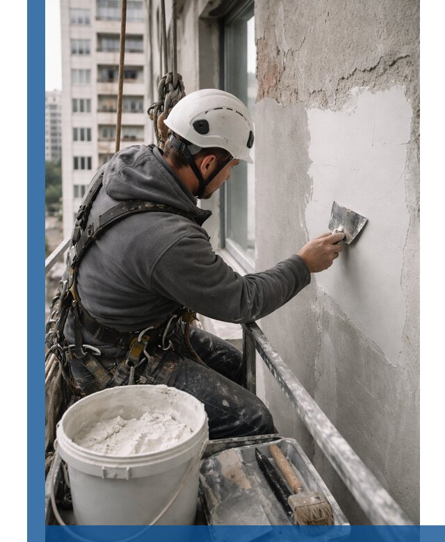 Шпаклевка фасадов на высоте с промальпинистами в Рославле