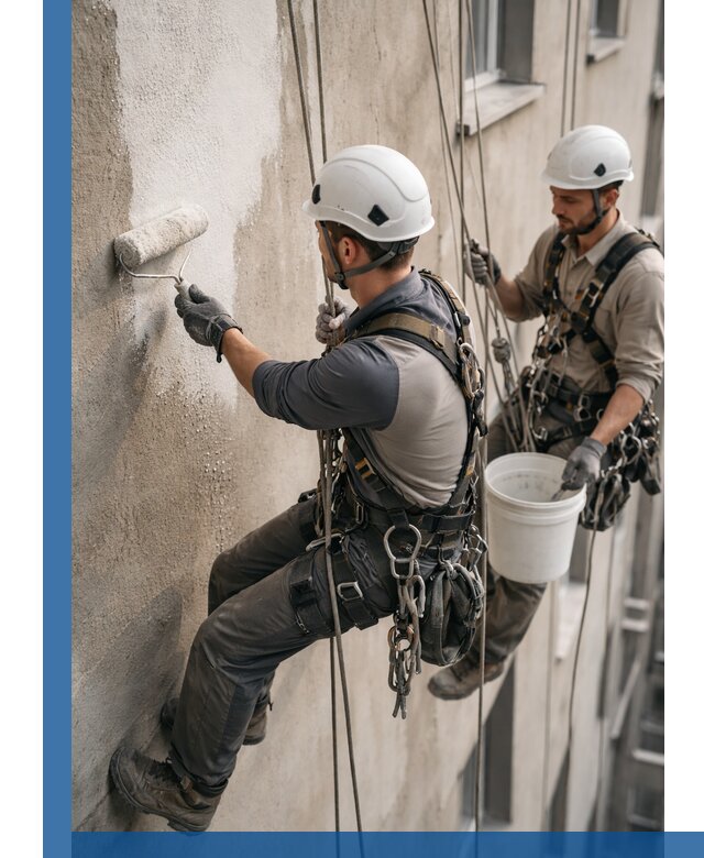 Грунтовка фасада на высоте в Рославле промышленными альпинистами