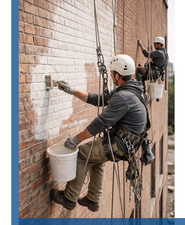 Покраска кирпичного фасада с доступным альпинистским сервисом в Рославле