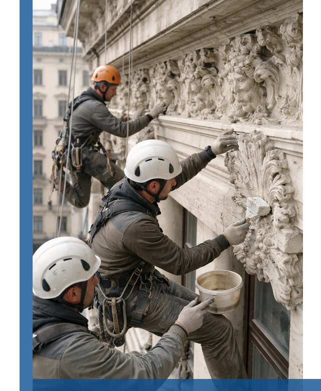 Реставрация фасадной лепнины с высотными работами в Рославле