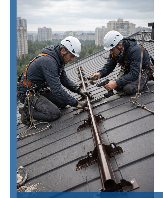 Монтаж снегозадержателей на кровле зданий в Рославле под ключ