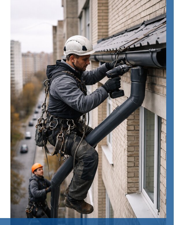 Монтаж водосточной системы на здании в Рославле от 5138 р. | ВЫСОТНИК-Рлв