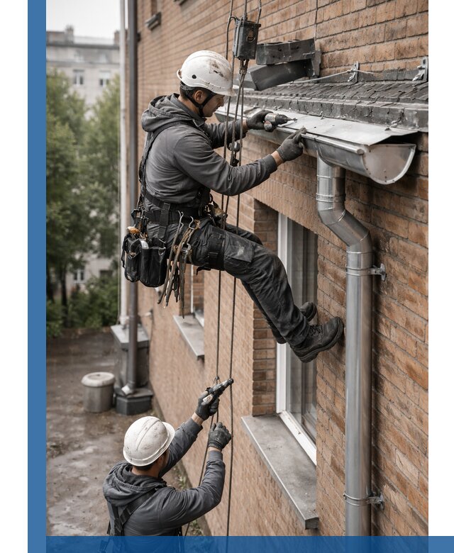 Монтаж водосточной системы на здании в Рославле под ключ