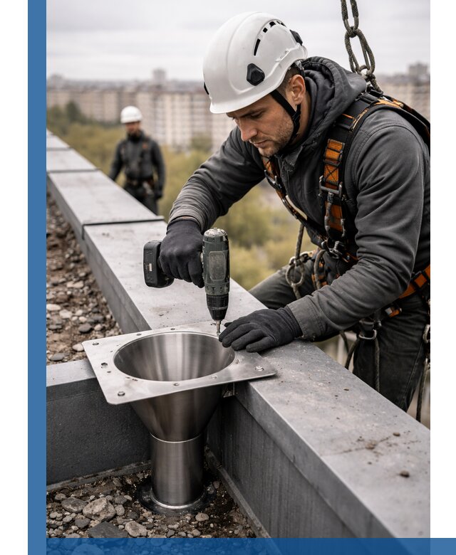 Монтаж водосточных воронок в Рославле для промышленных зданий