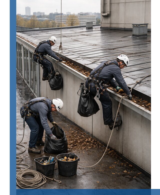 Очистка кровли по периметру в Рославле силами промышленных альпинистов