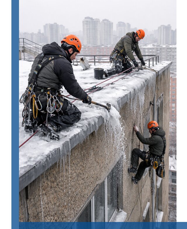 Удаление наледи с кровли в Рославле промышленными альпинистами