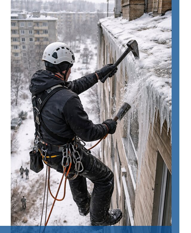 Сбивание сосулек с крыши в Рославле по цене от 4624 р. | ВЫСОТНИК-Рлв