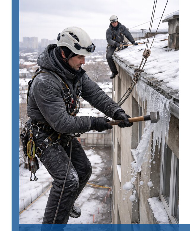 Сбивание и удаление сосулек с крыши в Рославле безопасно