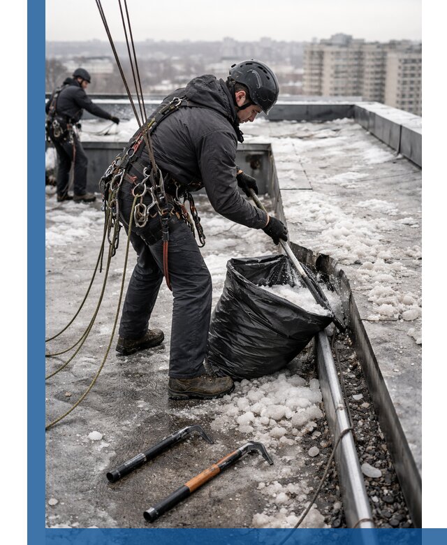 Аварийная очистка кровли в Рославле от промальпинистов