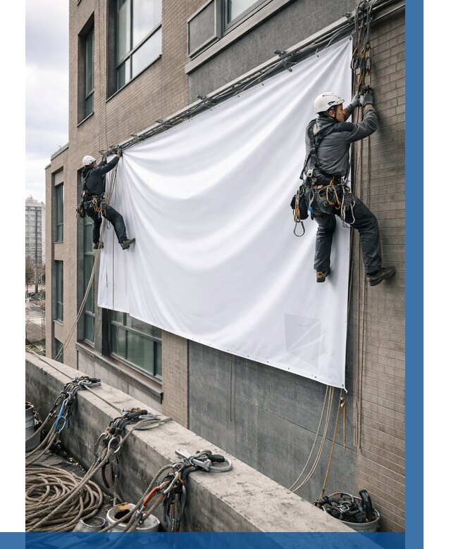 Монтаж баннеров на фасаде в Рославле от 668 р. заказать ВЫСОТНИК-Рлв