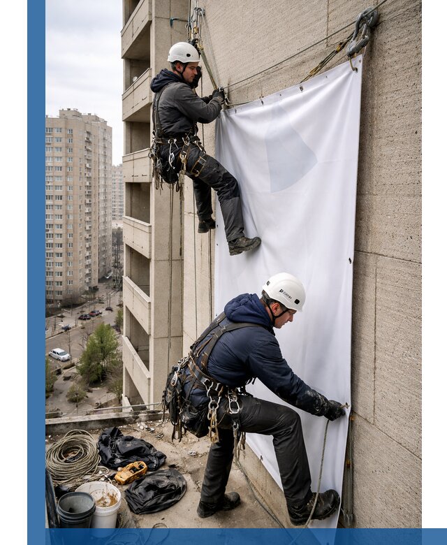 Профессиональный монтаж баннеров на фасаде в Рославле