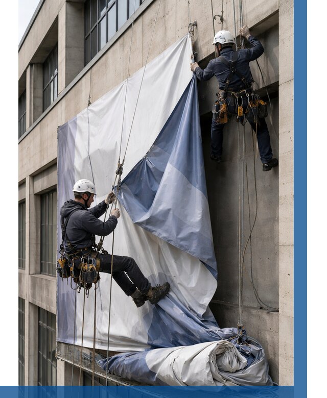 Демонтаж баннеров с фасада в Рославле от 4624 р. | ВЫСОТНИК-Рлв