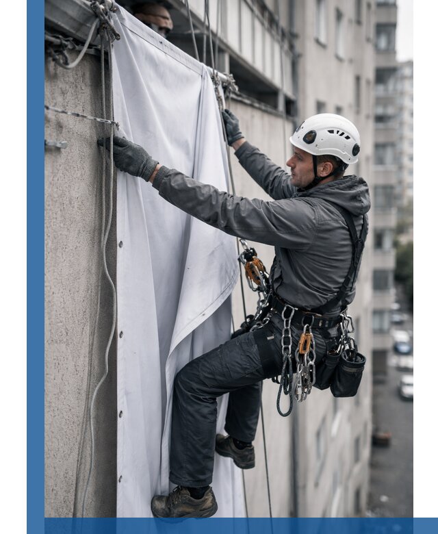 Замена баннерного полотна промышленными альпинистами в Рославле
