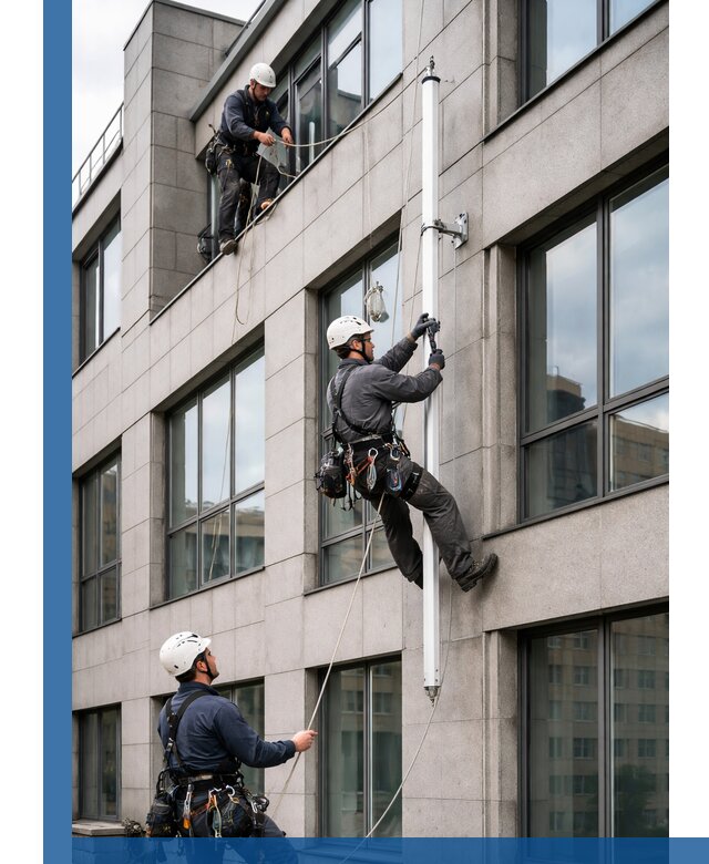 Монтаж флагштока на фасаде здания с креплением и герметикой в Рославле