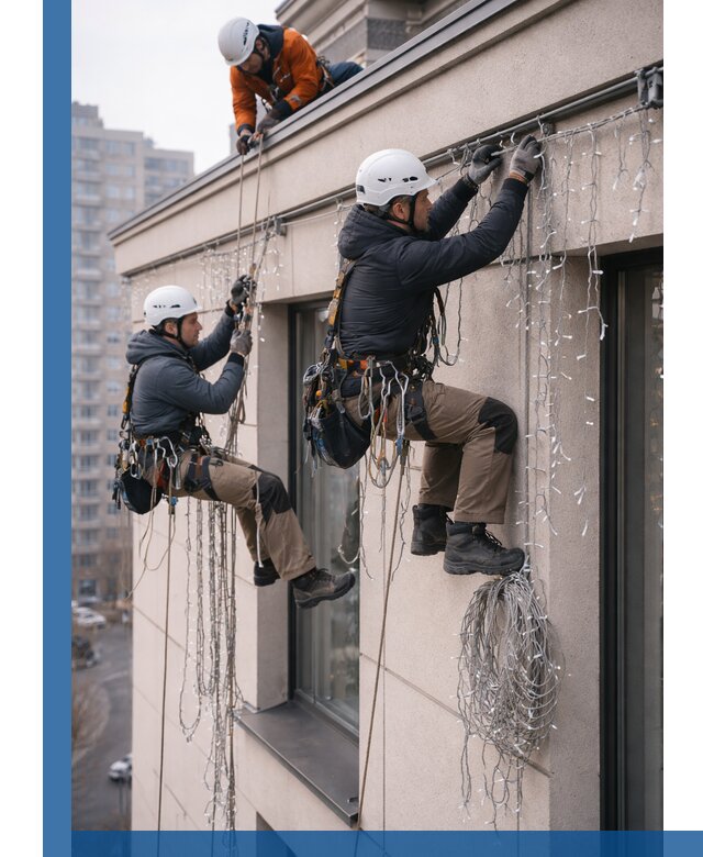 Монтаж праздничных гирлянд на фасаде в Рославле для зданий