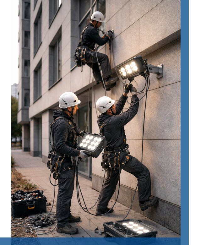 Монтаж прожекторов на фасаде в Рославле от 7707 р. | ВЫСОТНИК-Рлв