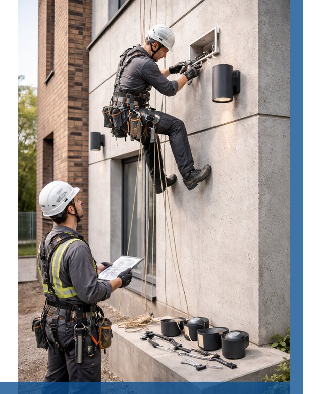 Монтаж фасадного освещения в Рославле от 2569 р. | ВЫСОТНИК-Рлв