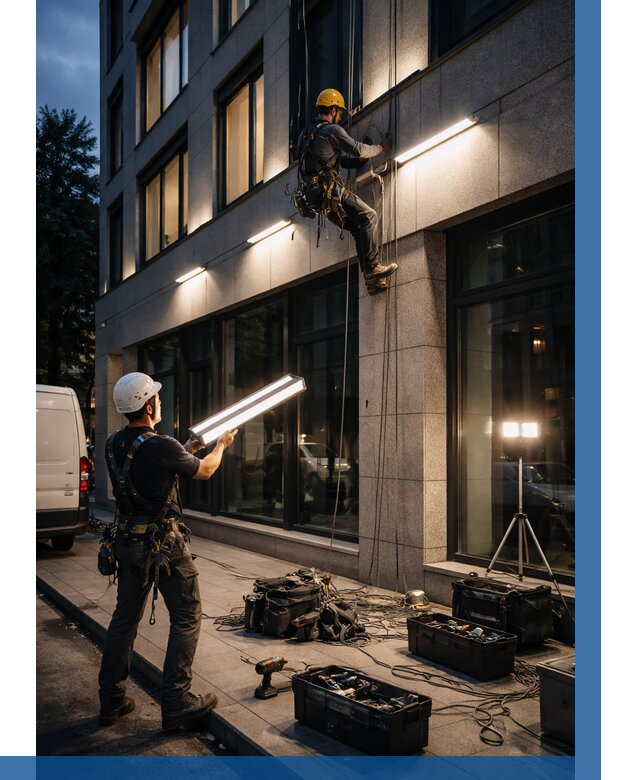 Монтаж архитектурной подсветки здания в Рославле от 2569 р.|ВЫСОТНИК-Рлв