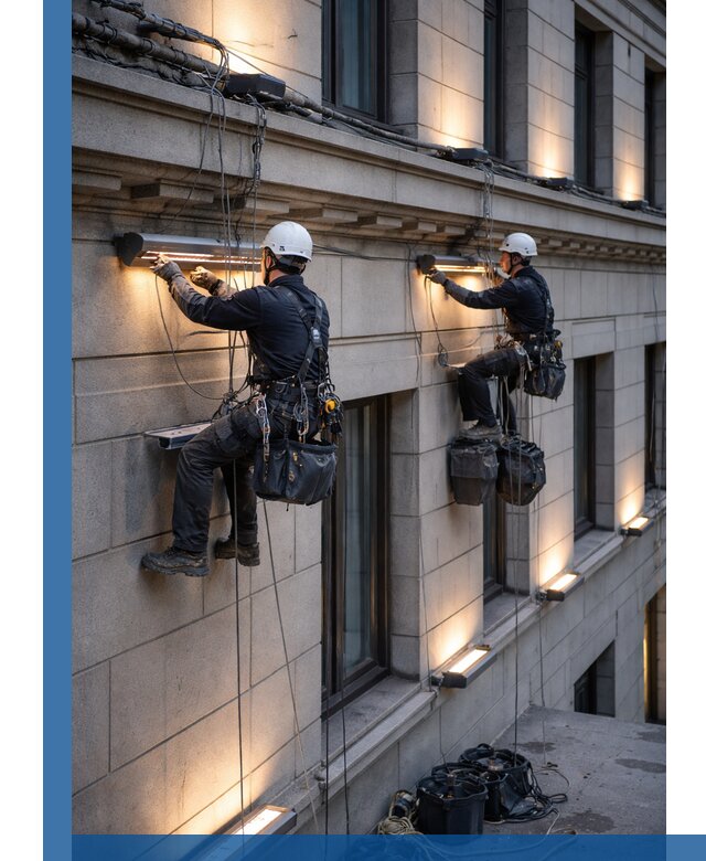 Монтаж архитектурной подсветки фасадов зданий в Рославле