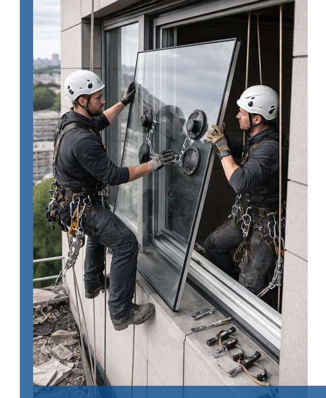 Замена стеклопакетов на высоте с промышленными альпинистами в Рославле
