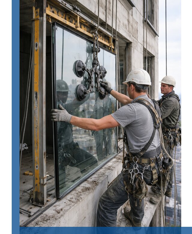 Монтаж стеклопакетов на высоте в Рославле с промышленным альпинизмом