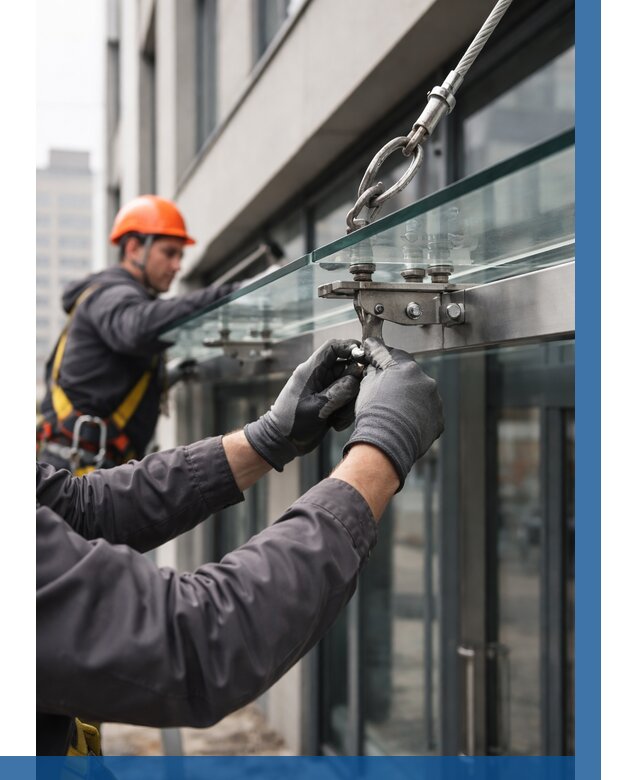 Монтаж стеклянных козырьков в Рославле от 8735 р. | ВЫСОТНИК-Рлв