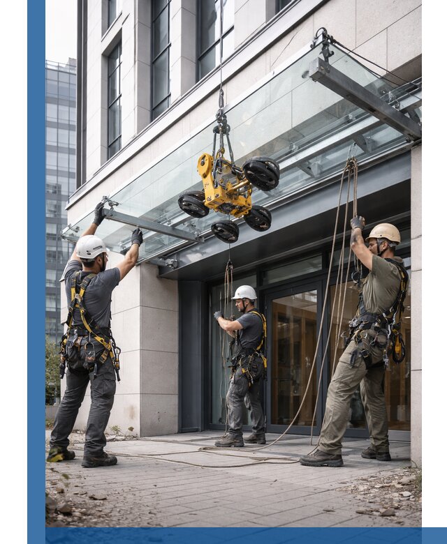 Монтаж стеклянных козырьков под ключ в Рославле для зданий