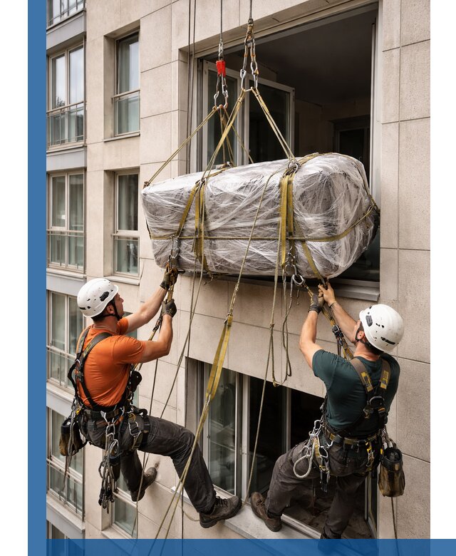 Подъем грузов через окно в Рославле промышленными альпинистами