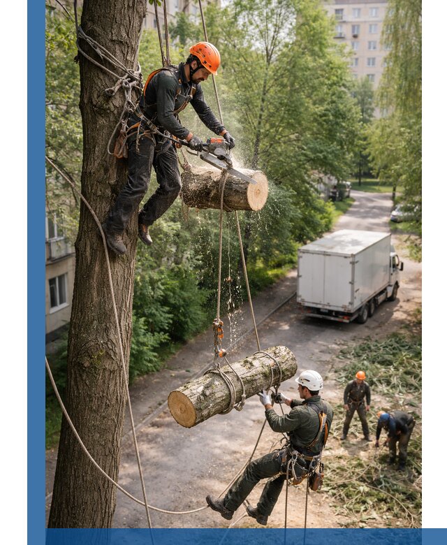 Спил деревьев альпинистами в Рославле, безопасно и без повреждений