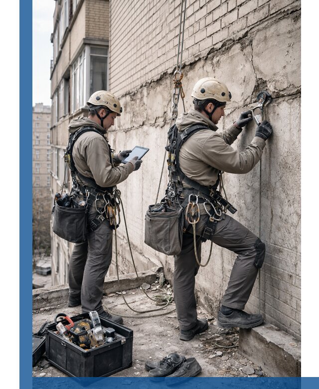 Обследование фасада промышленными альпинистами в Рославле