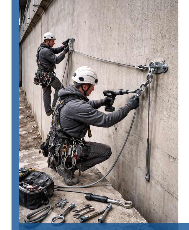 Монтаж анкерных линий высотной безопасности в Рославле